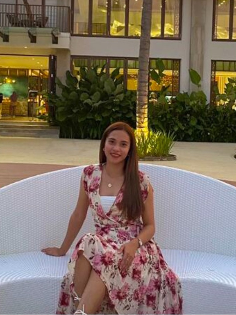 High-Low V-neck Floral Chiffon Extra Long Formal Dress with Tie Bow Belt in Pink - Picture 4 of 8